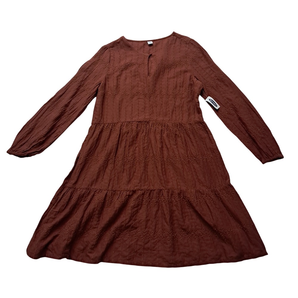 NWT Old Navy Dress Women's Medium Brown Rust Embroidered Tiered Boho Knee Length